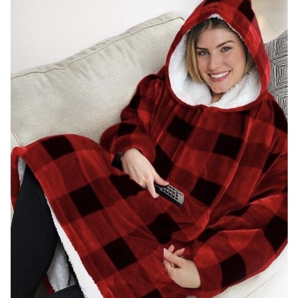 Huggle Hoodie Fleece Sherpa Wearable Blanket Buffalo Plaid One Size Fits All - Picture 1 of 14